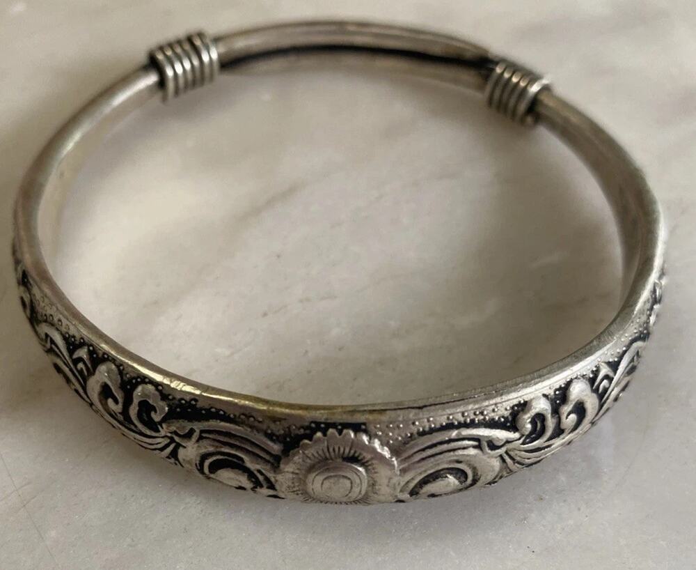 Senegal West African Unisex Silver Cuff Bracelet with Embossed Scrolls sun